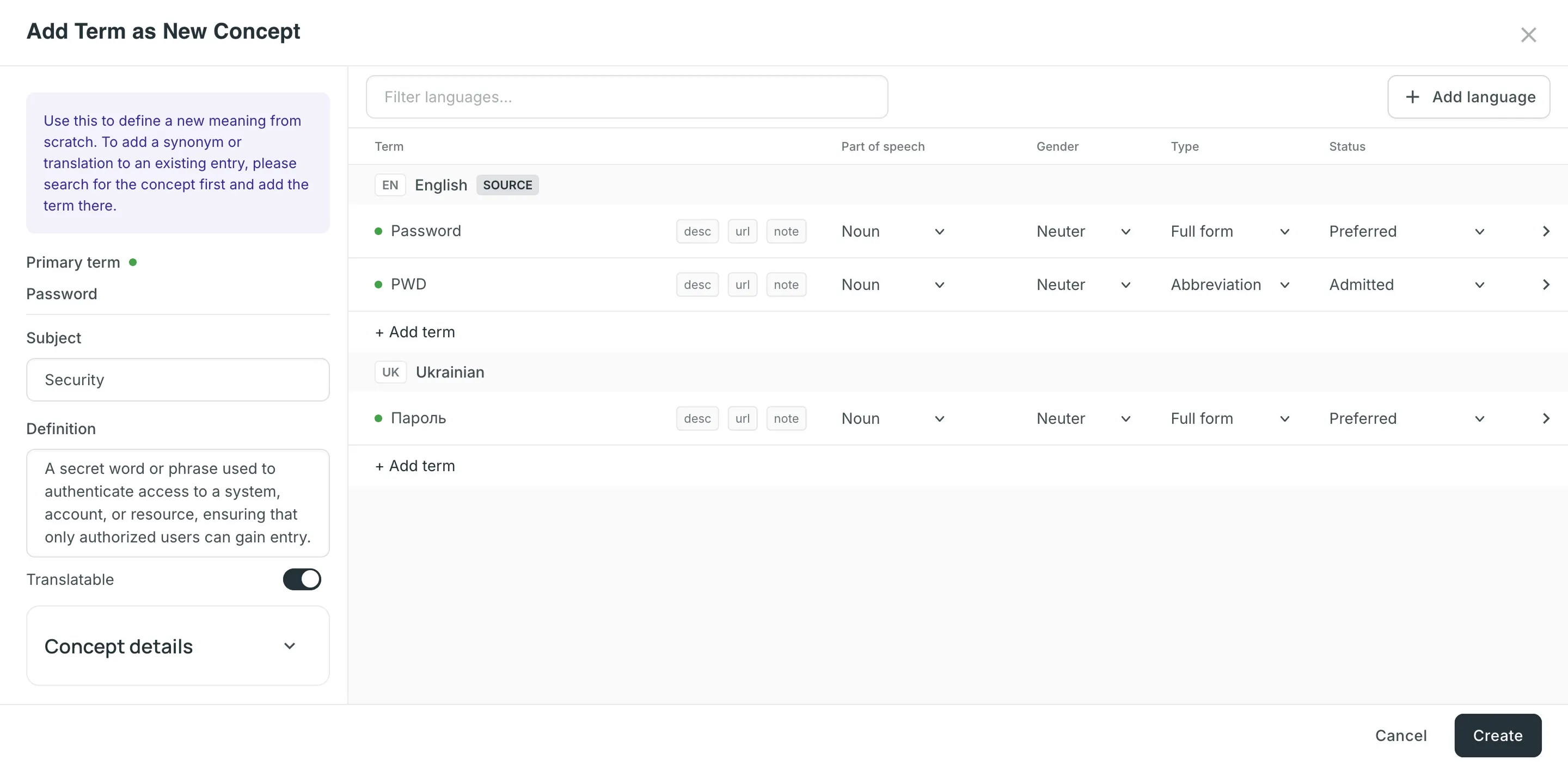 Add Term as New Concept dialog